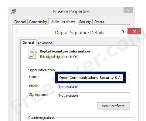 Screenshot of the Open Communications Security S.A certificate